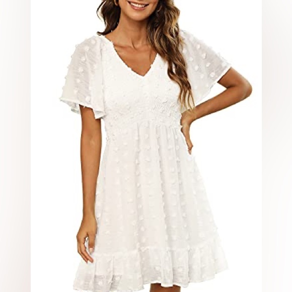 Zattcas Womens Smocked Dress Short Flutter Sleeve V Neck Swiss Dot - Size Small - Picture 1 of 10